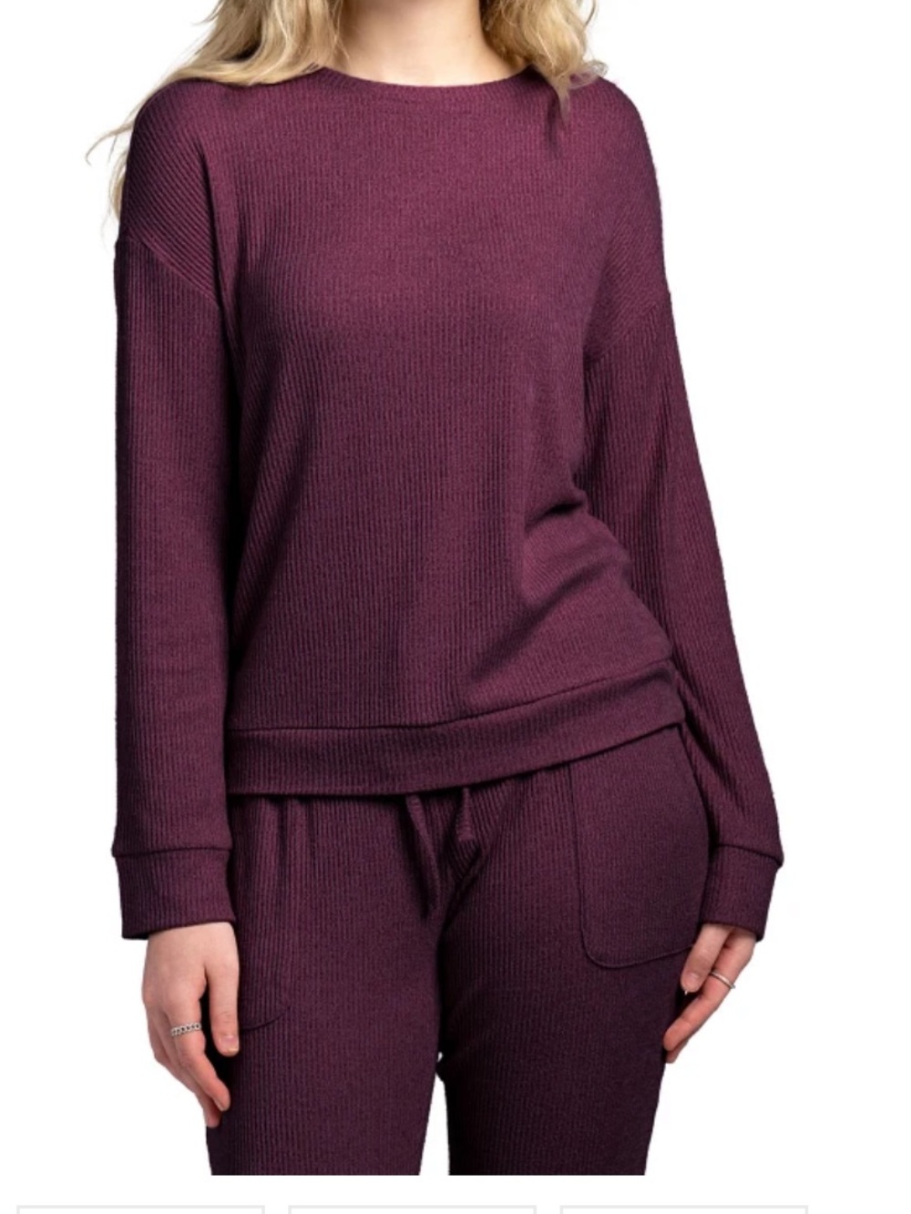 Hello Mello Women's Ribbed Long-Sleeve Lounge Set in Wine